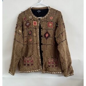 Icelandic Design‎ Womens XL Brown Linen Blend Embroidered Cardigan Sweater Lined